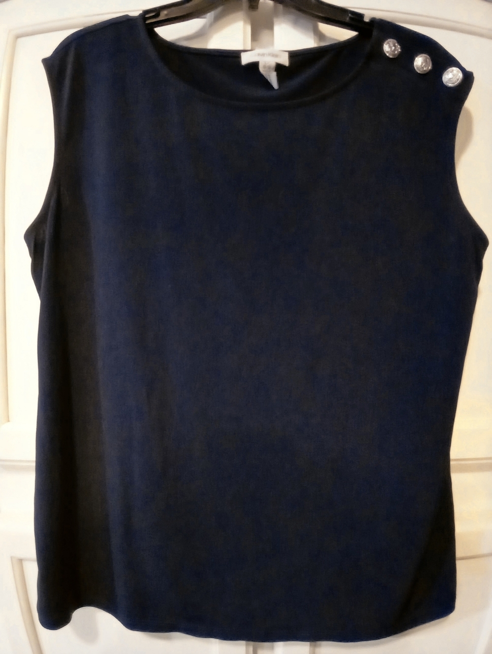 NWOT - Calvin Klein Navy Sleeveless Top, Silver Tone Button On Shoulder Size L